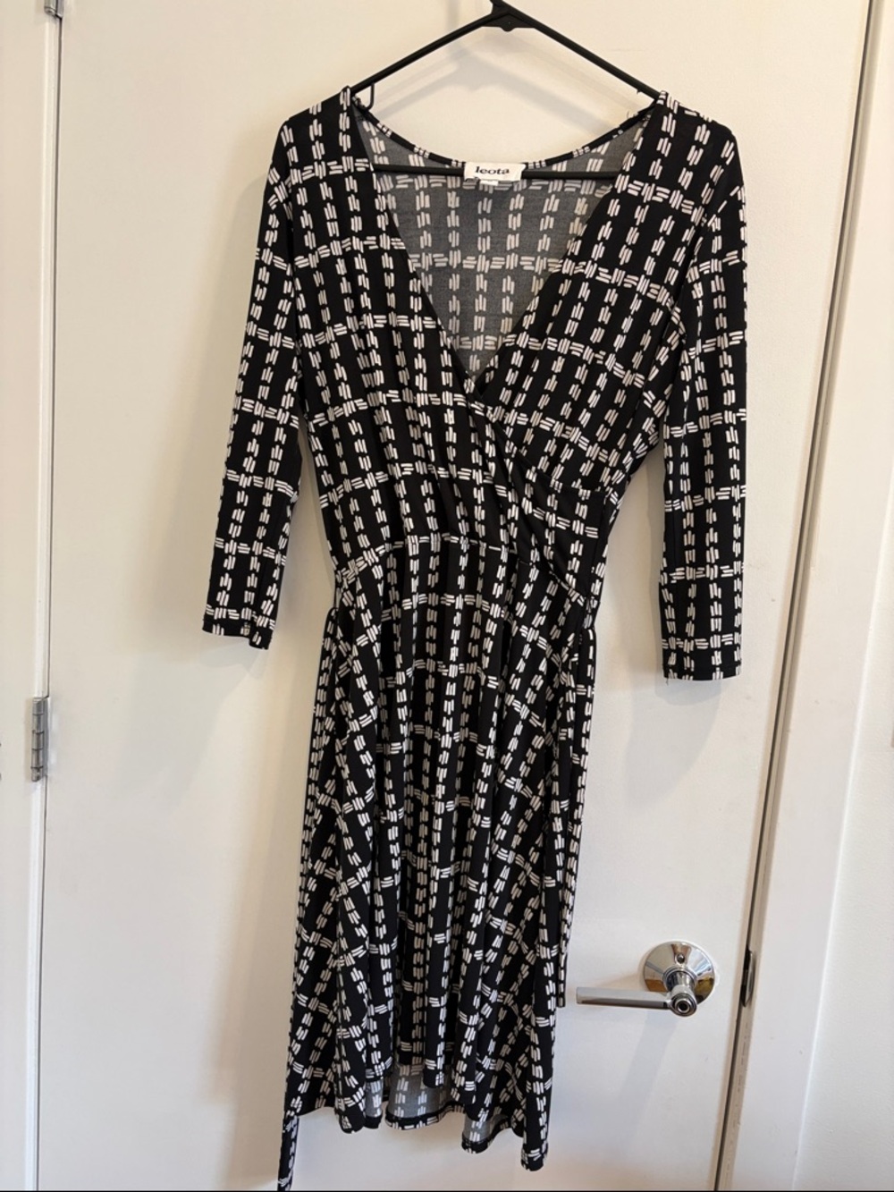 Leota Black & White Geometric Wrap-Style Midi Dress
